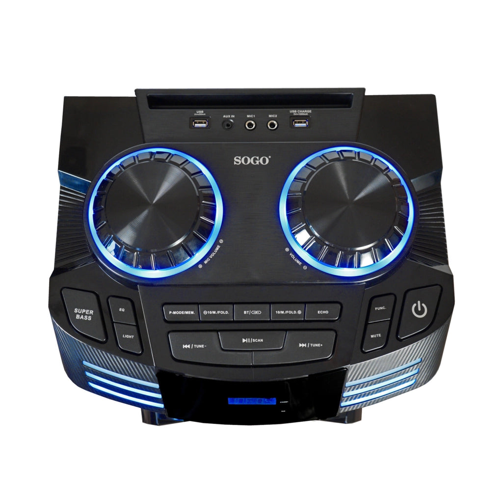 Cassa Bluetooth a trolley 2x12 pollici con tweeter, 150W RMS, karaoke, ruote, luci LED RGB e radio FM - SOGO