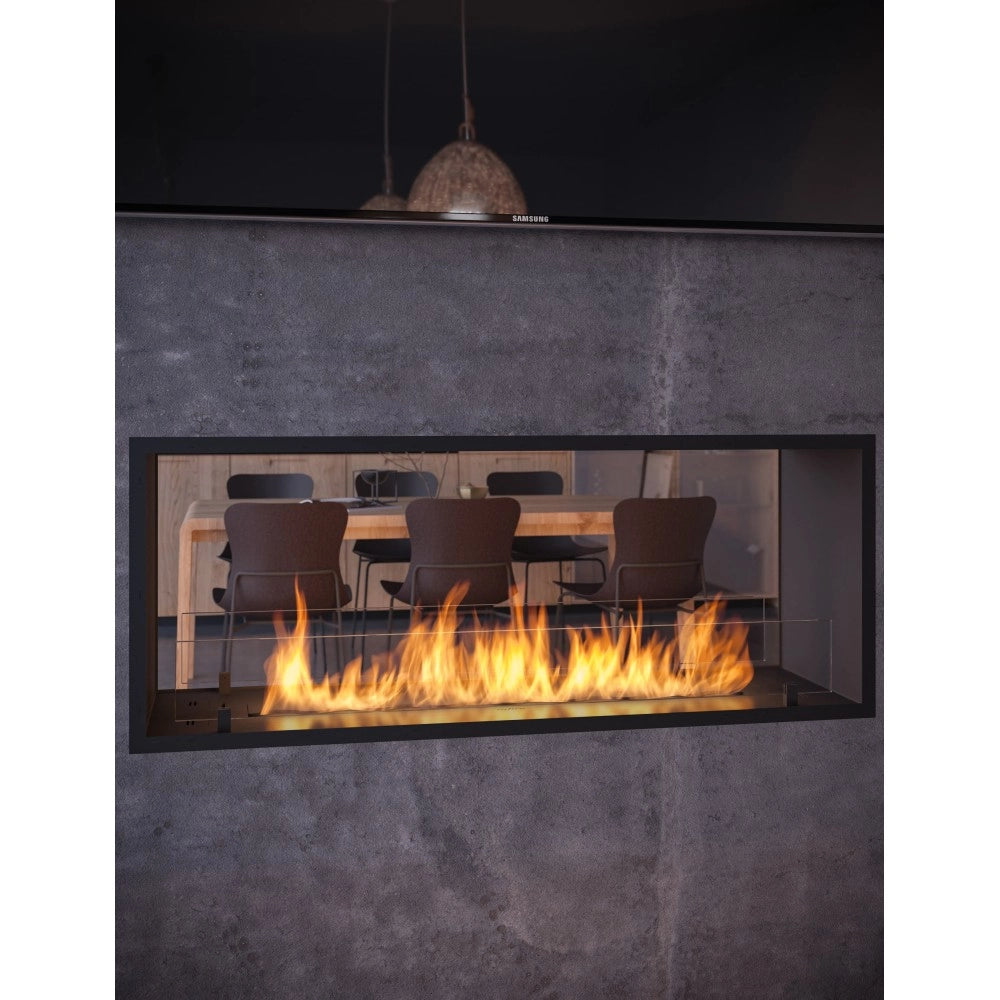 Caminetto a Bioetanolo 2Side 1200 Slim da Incasso con due facciate - Nero Opaco, con Vetro, Bruciatore 4L, Design Moderno