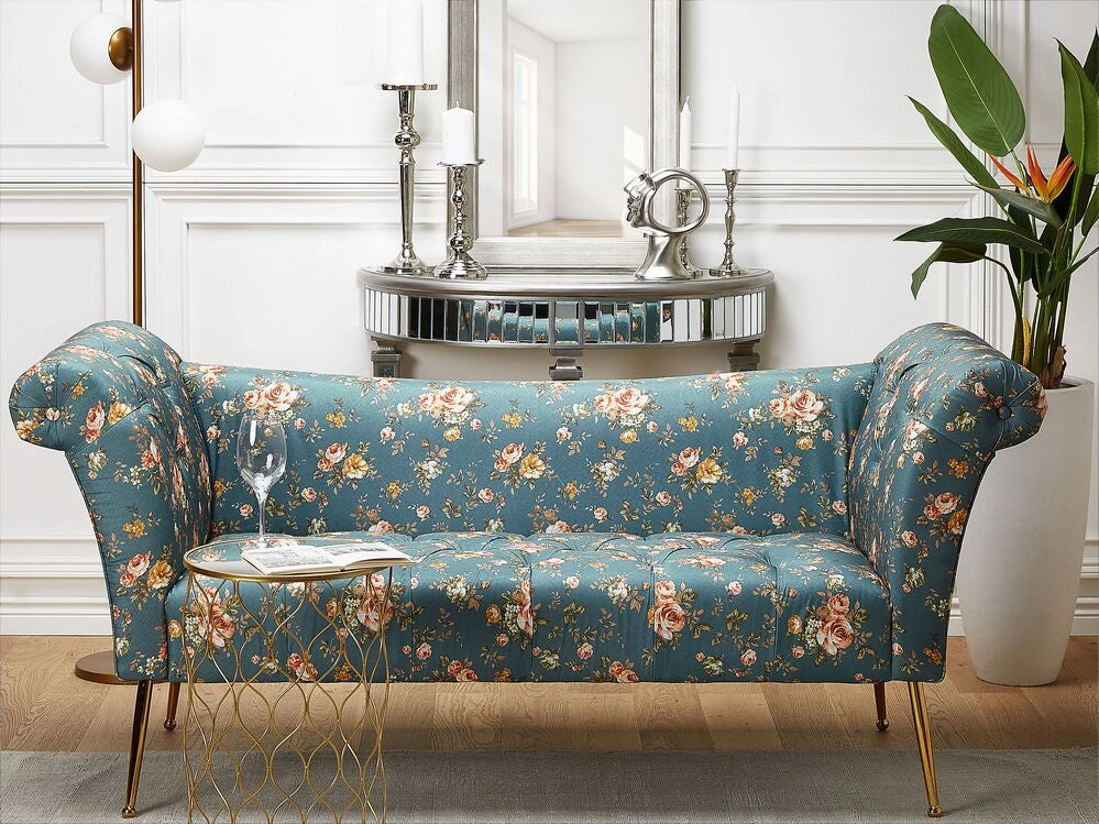 Chaise longue con rivestimento in tessuto blu sedile capitonné a doppia estremità con gambe in metallo dorato
