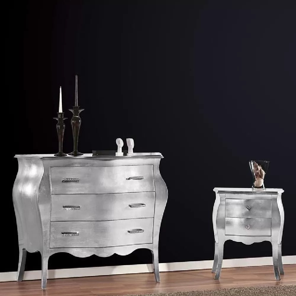 Gruppo 1 cassettiera 2 comodini bombati foglia argento maniglie swarovski (1251+1252) - Mobili 2G