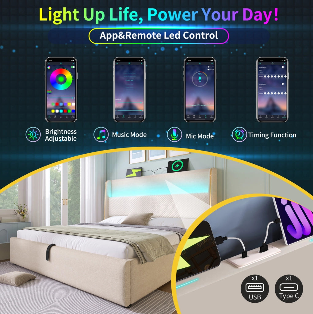 Letto matrimoniale idraulico 160x200 cm beige con LED e USB-C