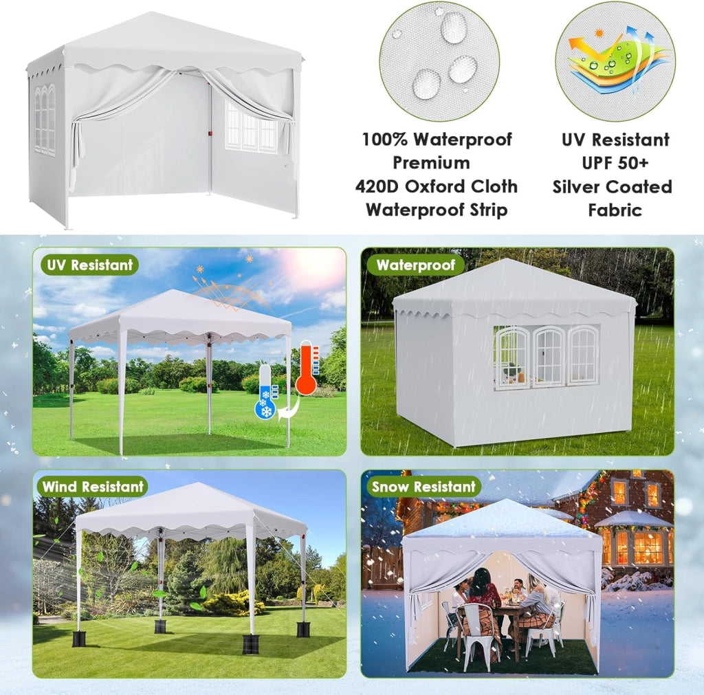 Gazebo 3x3 Pieghevole Impermeabile, Esterno Resistente Con 4 PCS Sacchi Di Sabbia, UV 50+, 4 Pareti Laterali - Per Giardino, Campeggio, Festival, Feste Bianco