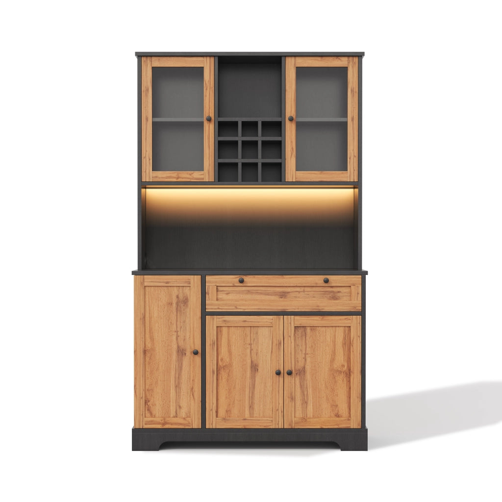 Mobile dispensa con LED; prese integrate e portabottiglie 105x40x180 cm nero e naturale