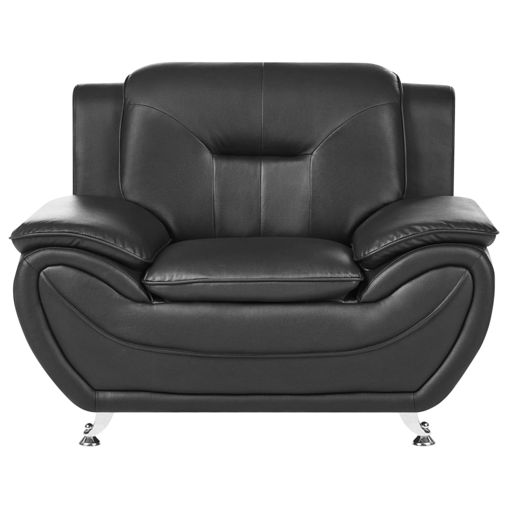 Poltrona in ecopelle vegana nero con braccioli imbottiti, gambe in metallo argentato, facile da pulire, stile moderno e glamour per il soggiorno