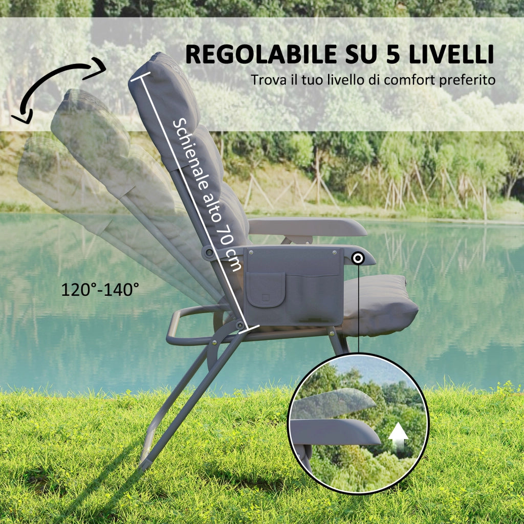 Sedia da Campeggio Pieghevole e Regolabile su 5 Livelli con Tasche Laterali, 66x58x105 cm, Grigio Chiaro
