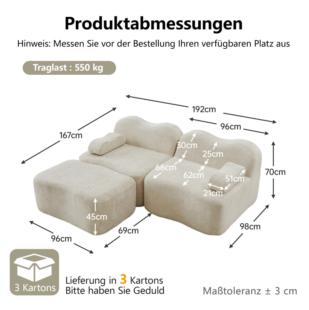 Divano modulare angolare a L 192x167x70 cm in velluto beige; con pouf; senza montaggio