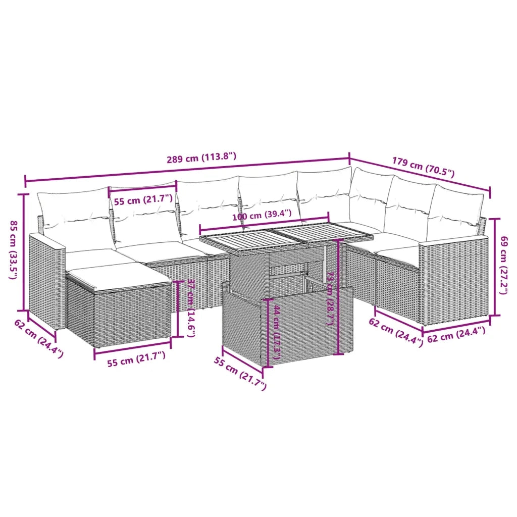 Set Divani da Giardino 9 pz con Cuscini Nero in Polyrattan 3273212