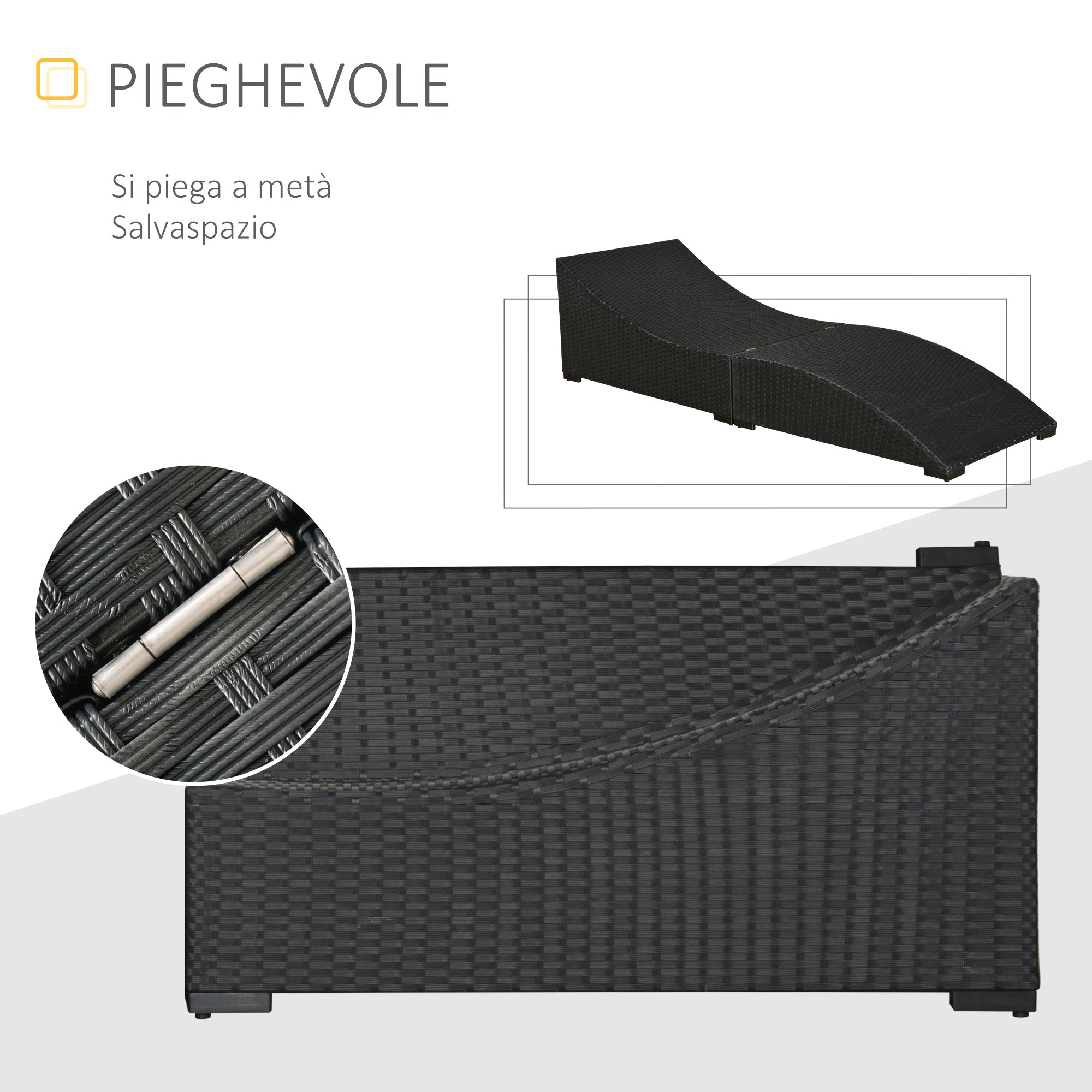 Lettino Prendisole Pieghevole da Giardino 198x68x50 cm in Rattan Nero e Bianco Crema