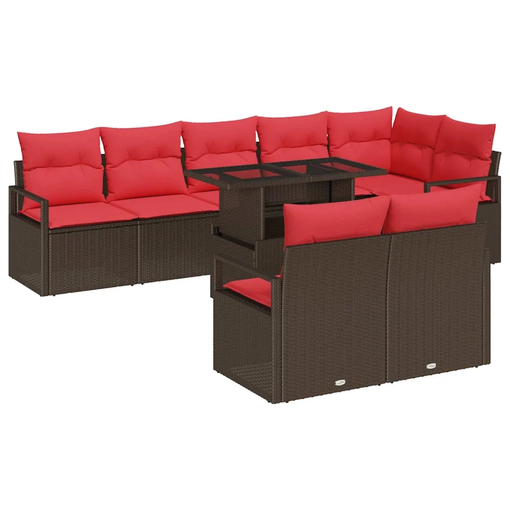 Set Divano da Giardino 9 pcs Marrone e Rosso polyrattan