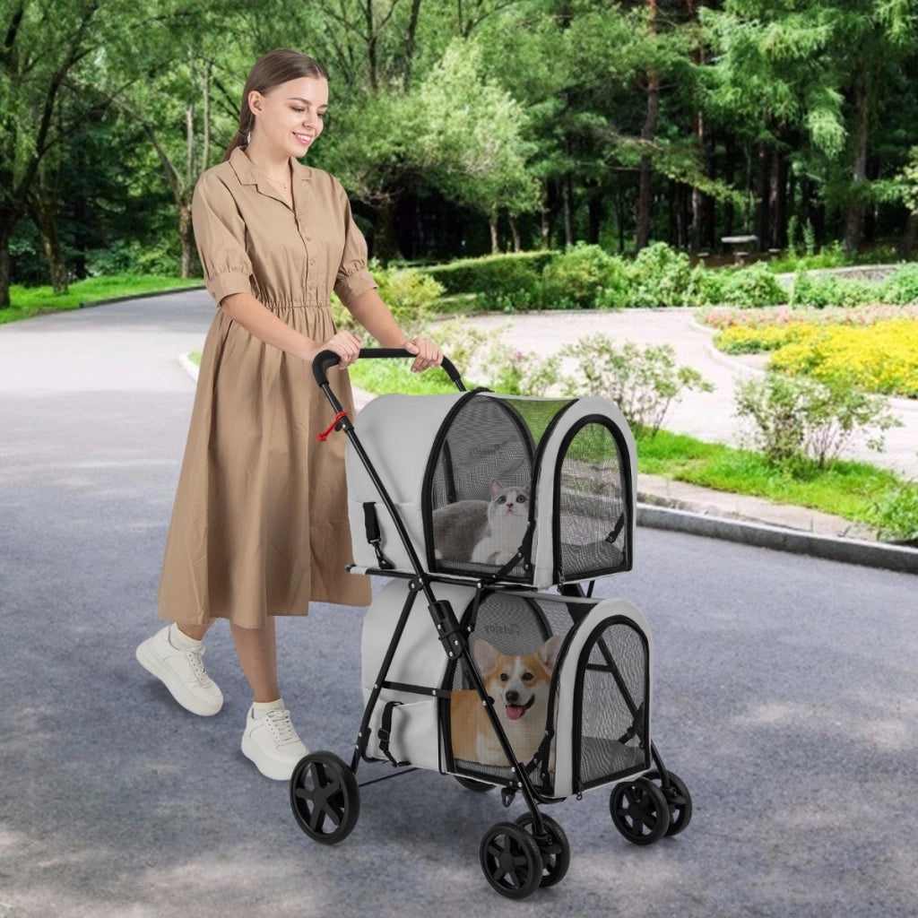 Passeggino pieghevole per animali a doppio livello con 4 ruote, Passeggino 4 in 1 per cani e gatti Grigio-Giochi e accessori per cani