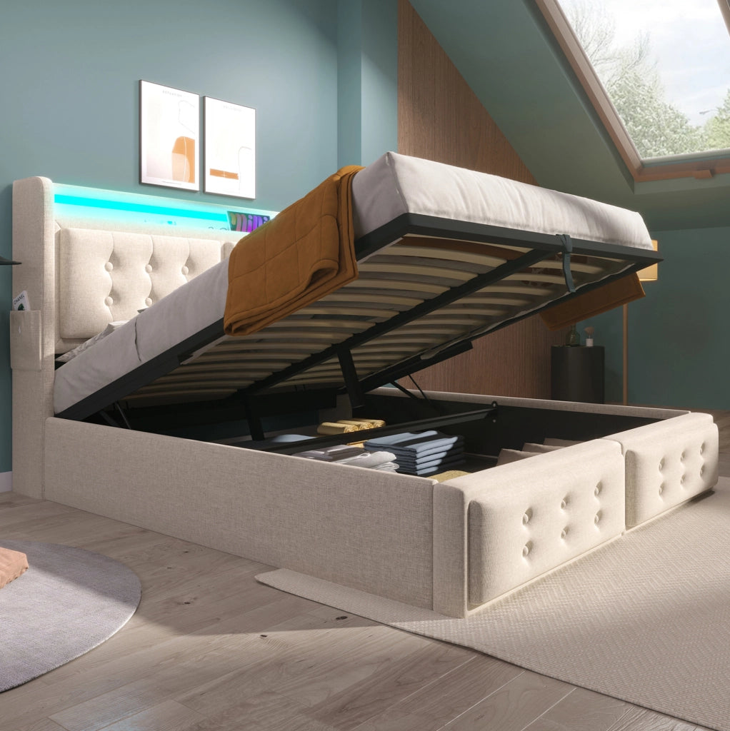 Letto matrimoniale imbottito ULEVR 180x200 cm con contenitore idraulico, LED, prese USB e USB-C, beige