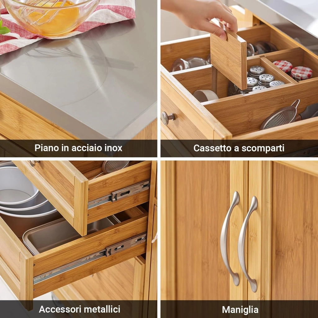 Carrello Cucina con Ruote Isola Cucina con Piano di Lavoro in Acciaio Inox, 4 Cassetti e Ripiani Regolabili Mobile Salvaspazio per Mobili da Cucina Naturale 115 x 46 x 92 cm FKW70-N