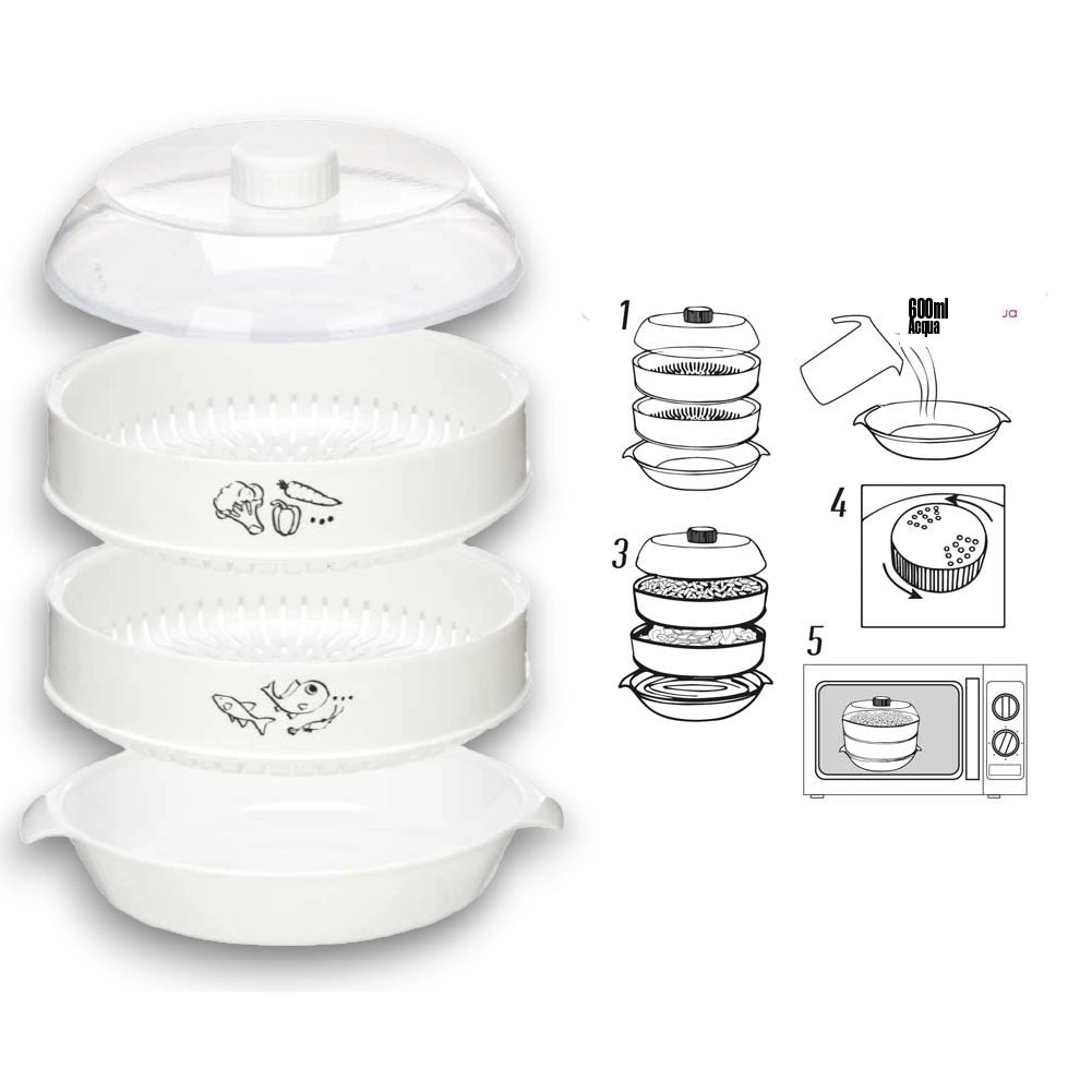 Vaporiera per Microonde 2.4lt Ideale per Cucinare Carne Pesce Verdure 2Livelli