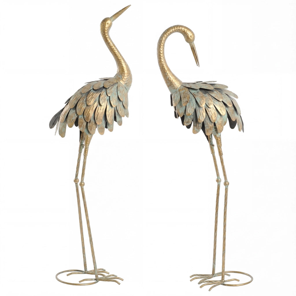 Set 2 Statue da Giardino Aironi in Metallo 91/95cm, Sculture Decorative da Esterno per Terrazza e Prato, Oro e Blu