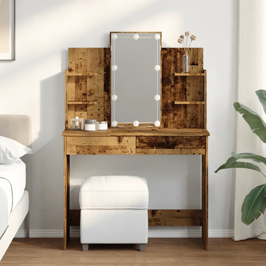 Toeletta | Tavolo da Trucco con Luci LED Legno Antico 96x40x142 cm