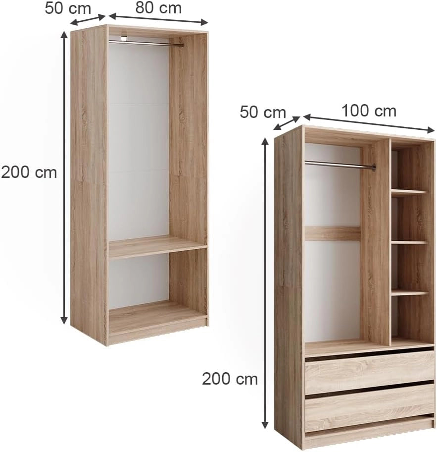 Armadio Elmo, Sonoma, 180 x 200 cm Set di 2, per una conservazione flessibile di diversi capi di abbigliamento