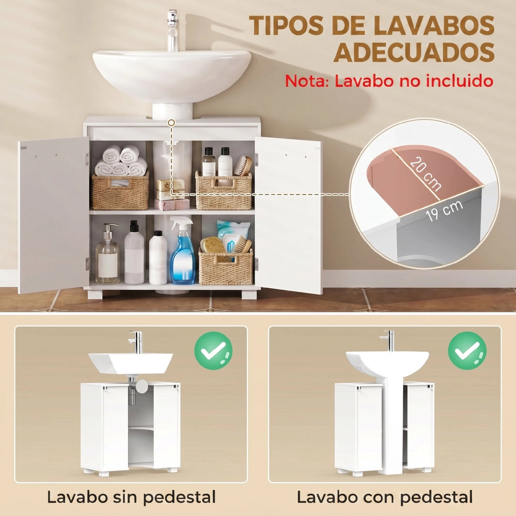 Mobile Sotto Lavabo con Ripiano Regolabile e 2 Ante 60x30x60 cm Bianco