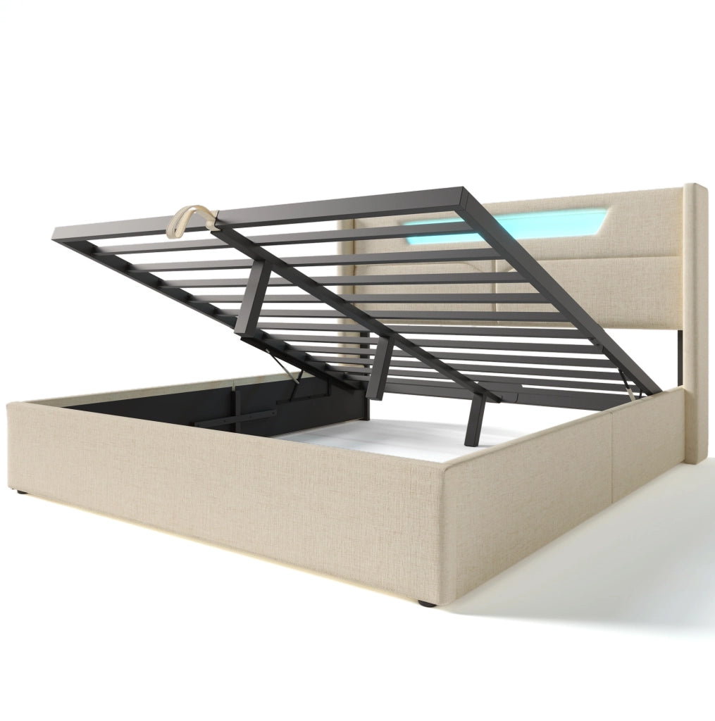 Letto imbottito 160x200 cm con contenitore; LED e USB Type C in lino beige
