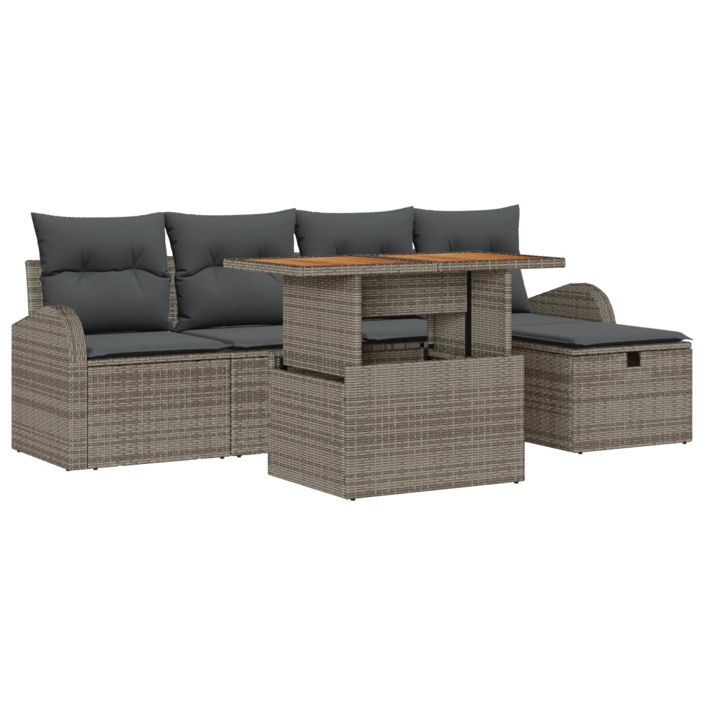 Set Divano da Giardino in 6 pezzi con Cuscini Grigio Polyrattan