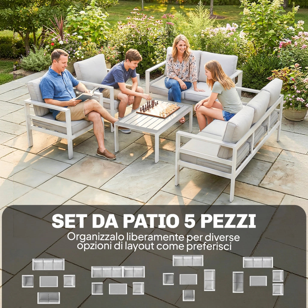 Set 5 Pezzi Salotto da Giardino con 2 Divani 2 Sedie e Tavolo in Alluminio Bianco