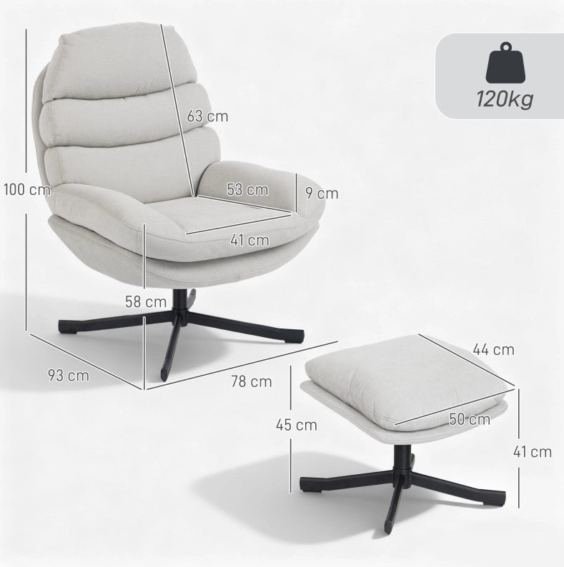 Poltrona relax con poggiapiedi in tessuto chenille crema 78x93x100 cm