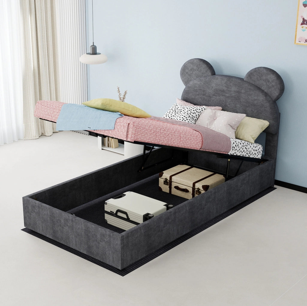 Letto imbottito 90x200 cm con contenitore a sollevamento pneumatico; tessuto e metallo; grigio