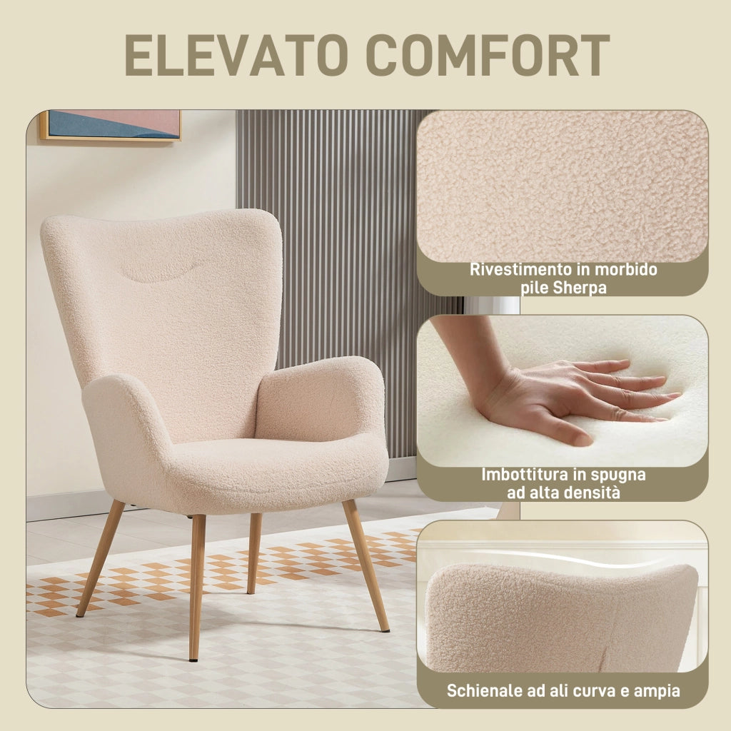 Poltrona per Salotto Moderna 71x74x97,5 cm con Schienale Alto in Tessuto Sherpa Beige