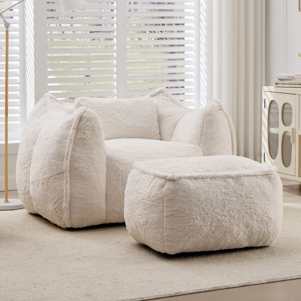 Poltrona Sacco Gigante con Pouf e Cuscino ¨C Xylo ¨C Tessuto Pelliccia Sintetica Beige