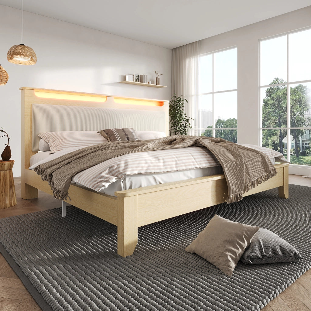 OKWISH Letto Contenitore 140×200 cm, Letto Matrimoniale con Contenitore in Testiera, LED Regolabile e Mensole, senza Materasso, Beige