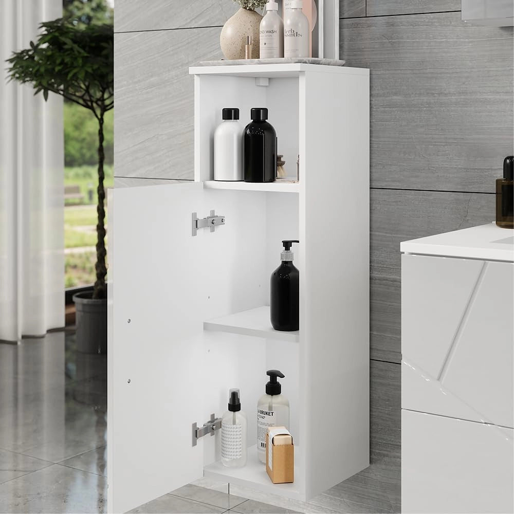 Mobiletto midi Irma, Bianco/bianco lucido, 30 x 93 cm con porta, per la conservazione di articoli da bagno e asciugamani