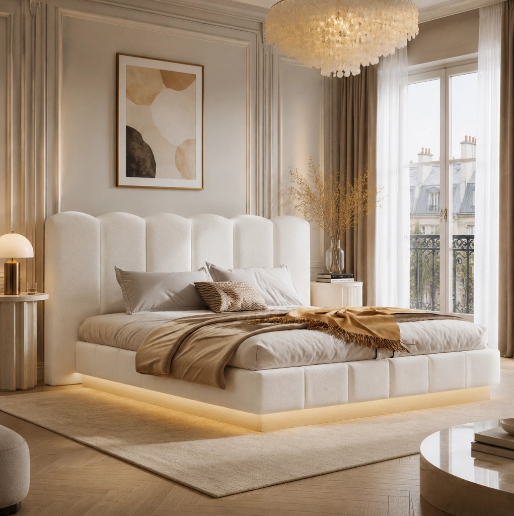 Letto imbottito 180x200 cm con contenitore idraulico e LED in bouclé bianco
