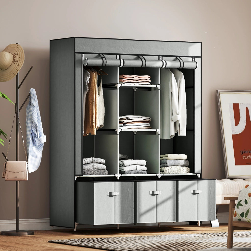 Armadio scorrevole in tessuto con 3 cassetti ¨C zephmum ¨C Grigio chiaro 125x43x162.5 cm