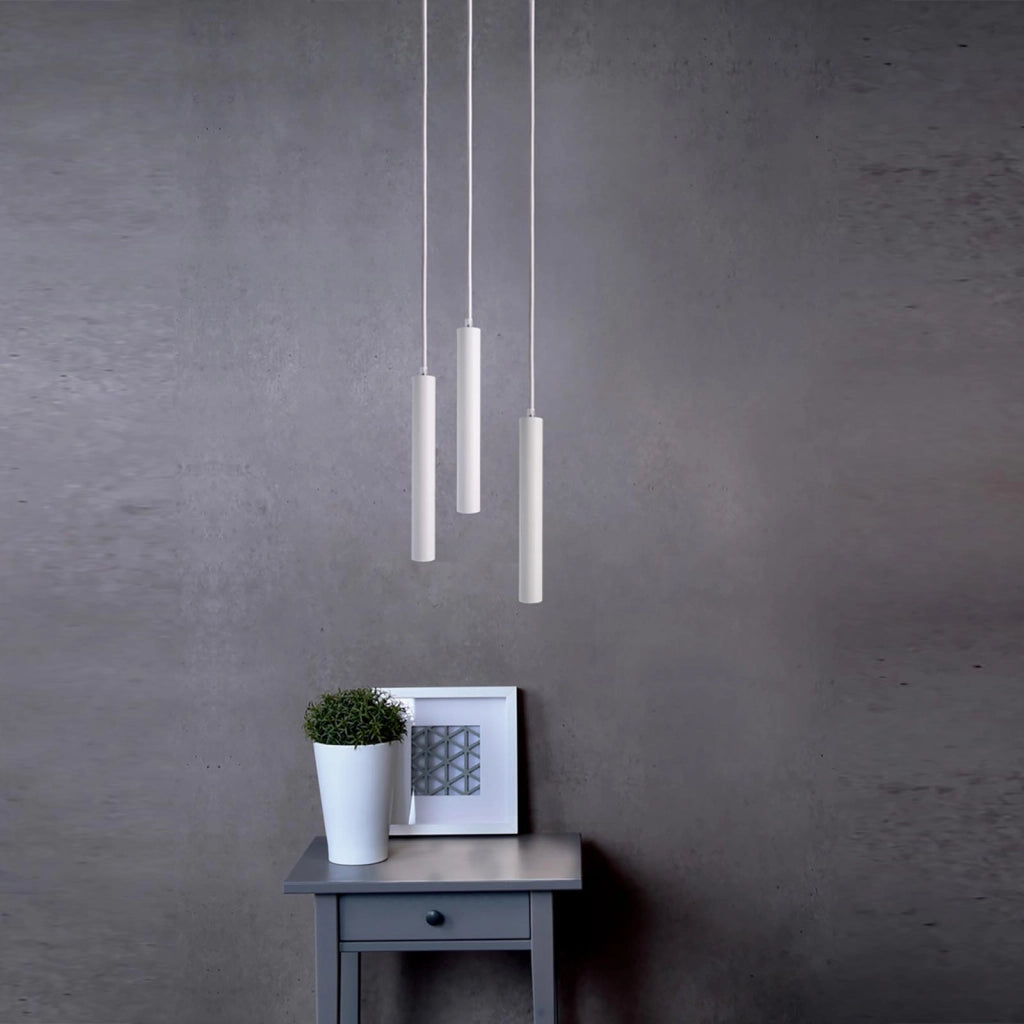 Lampada sospensione 3 luci LED 15W lampadario soffitto tondo pendente cilindro luce 3000K tavolo ristorante RA90 nero bianco 230V BIANCO
