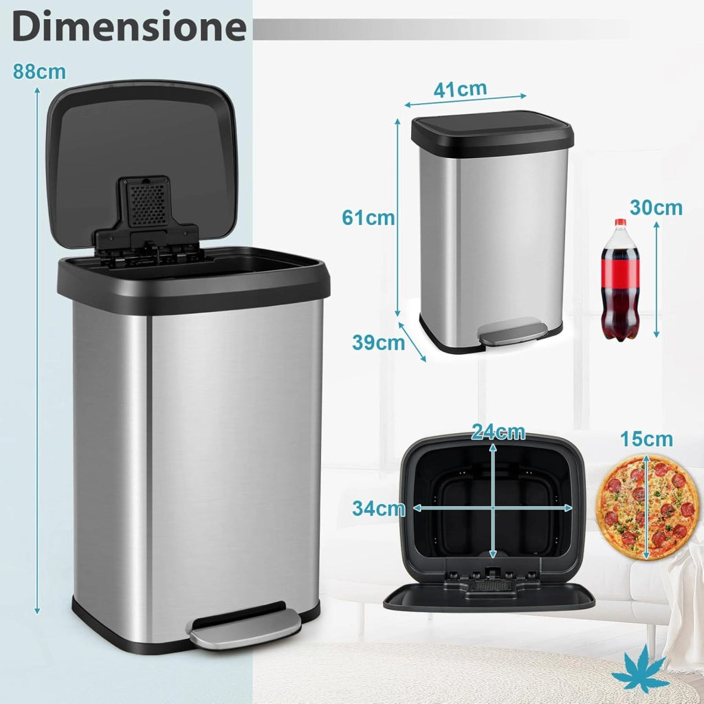 Bidone per Pattumiera da 50 L, Pattumiera da Cucina con Pedale, Coperchio e Scomparto Deodorante, Ideale per Casa Ufficio (50L, Argento)