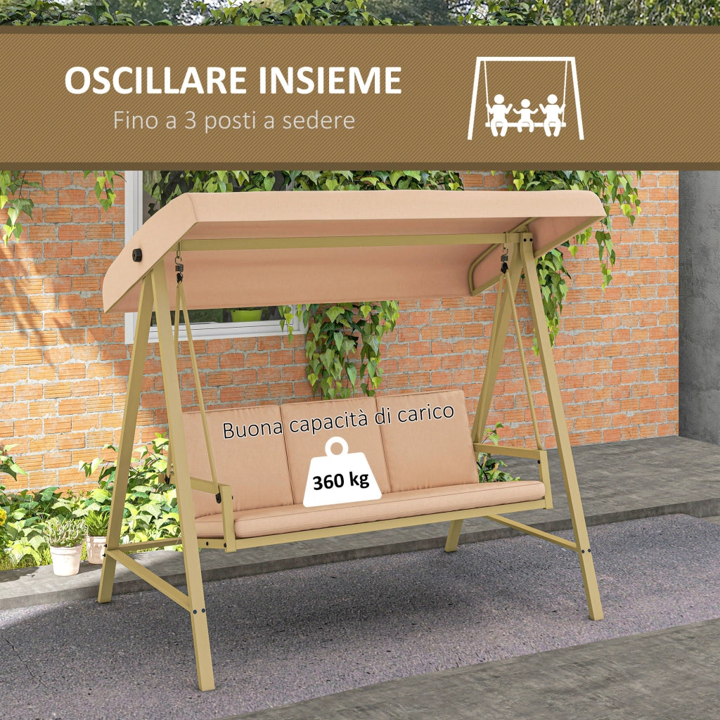 Dondolo 3 Posti con Tettuccio Inclinabile e Cuscini ¨C Zephmum ¨C Acciaio e Textilene, Beige e Marrone, 200x125x175 cm