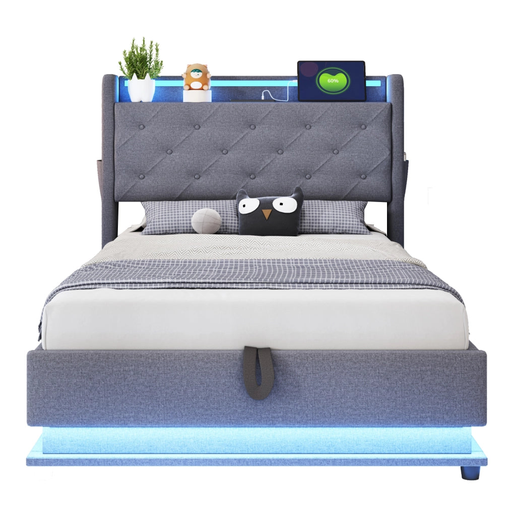 OKWISH Letto Bambino 90×200 cm, Letto Singolo con Contenitore Idraulico, USB, Tipo C, LED e Tasche, senza Materasso, Grigio