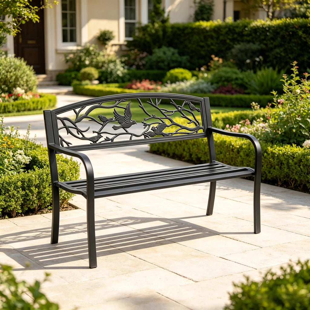 PANCA da giardino 127x60x85 cm metallo nero con braccioli