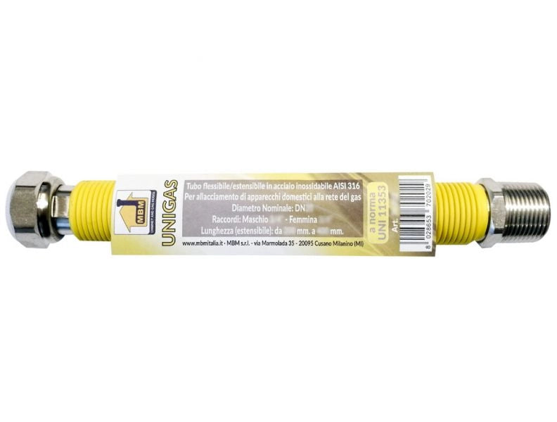 Tubo flessibile gas  estensibile INOX 1/2"M 3/4''F  100 / 200 mm giallo inox norma UNI 11353