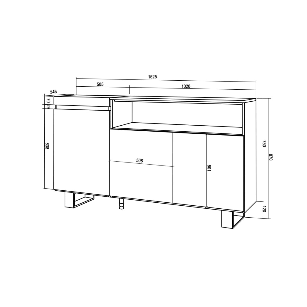 Credenza, Mobile, 150x35x87cm, 3 Porte, Design industriale, grigio cemento RF2497