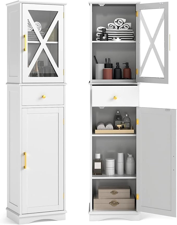 Armadietto da Bagno 40 x 30 x 168 cm, Colonna Bagno con Cassetto, 2 Ante e 3 Ripiani Regolabili, Mobiletto Salvaspazio per Cucina, Soggiorno e Ufficio (Bianco)