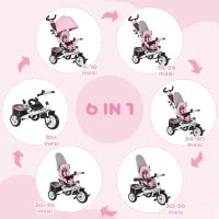 Triciclo per Bambini 1-5 Anni con Maniglione e Tettuccio Regolabile, 102x49x102 cm, Bianco e Rosa