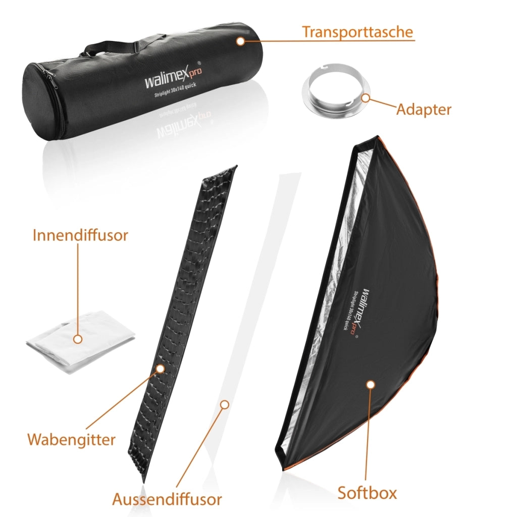 Studio Line Striplight SB QA per Elinchrom - Softbox a luce radente, superficie 30x140cm, profondità 49,5cm, pieghevole, con griglia, diffusore interno ed esterno, speedring