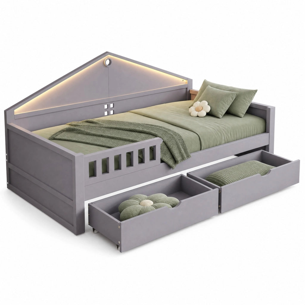 Letto singolo 90 ¡Á 200 cm con due cassetti luce led controllabile da smartphone in legno e mdf grigio