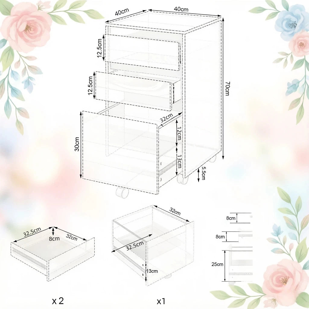Mobile archivio con ruote, 1 vassoio e 3 cassetti, 40x40x70 cm, nero e rovere chiaro