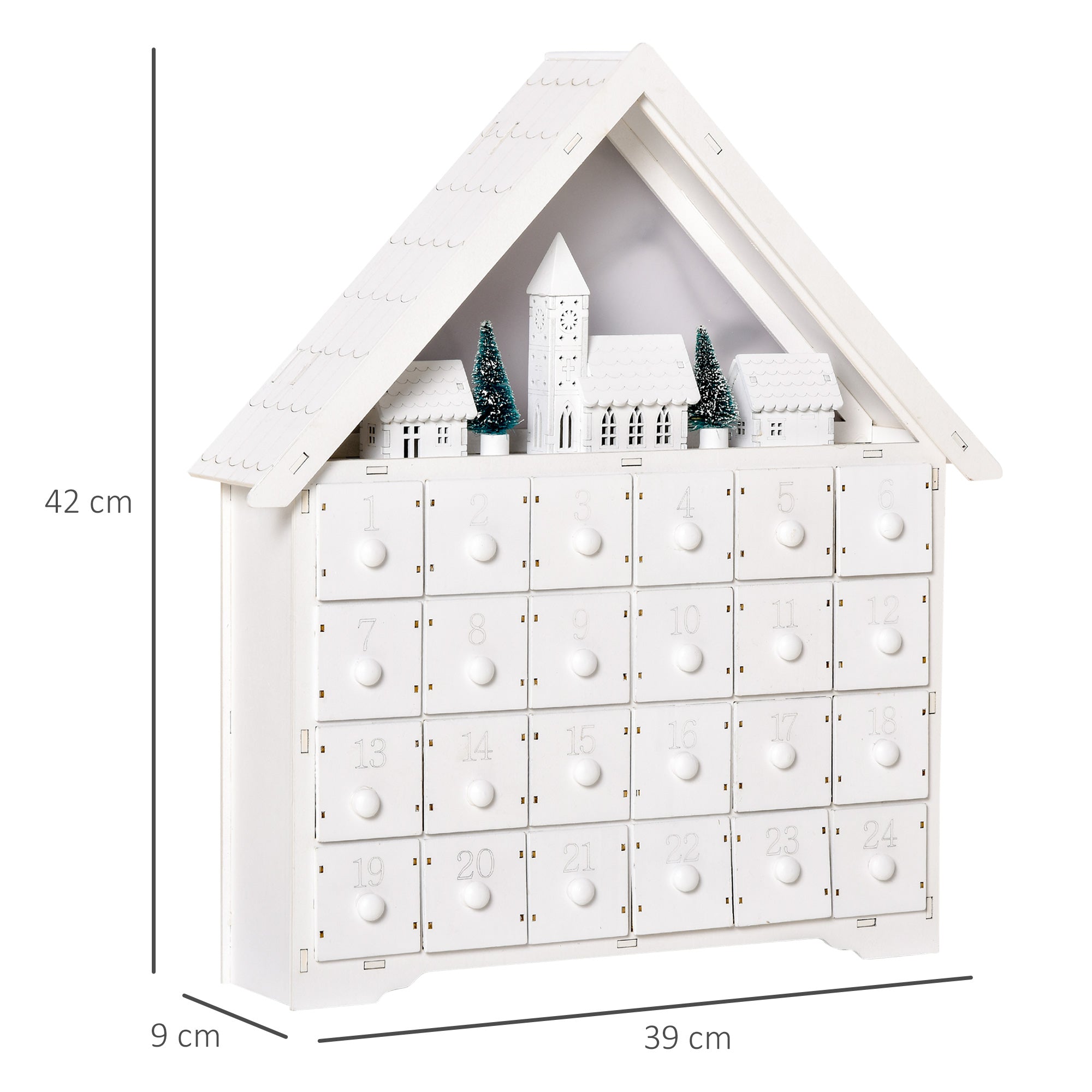 Calendario dell'Avvento  39x9x42 cm 24 Cassetti Villaggio di Natale con Alberi e Luci Bianco