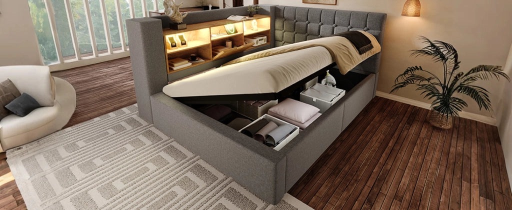 DESMIU Letto contenitore 140 × 200 cm 2 posti con LED, USB-A, USB-C, vano idraulico, senza materasso, grigio