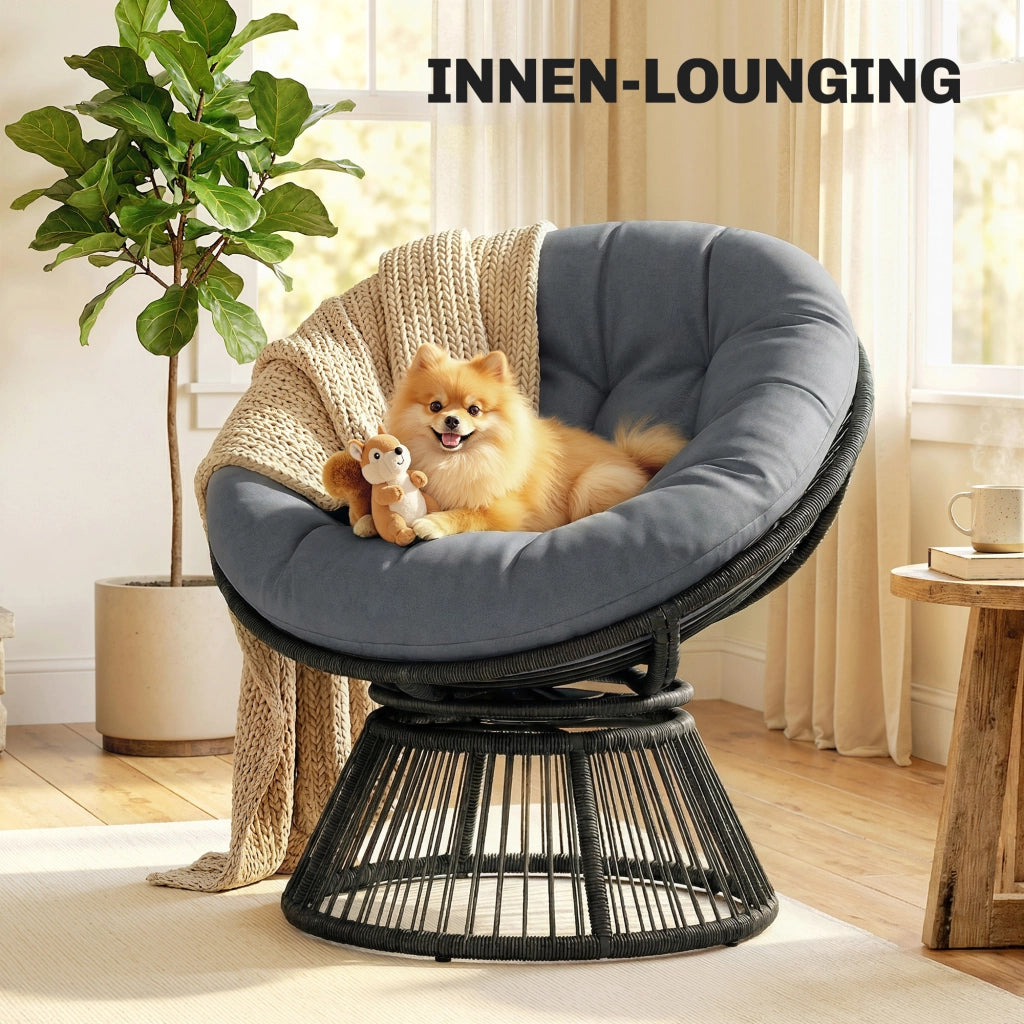 Poltrona girevole in vimini Papasan con struttura in acciaio con cuscino Poltrona rotonda in rattan Spoltrona da salotto grigio