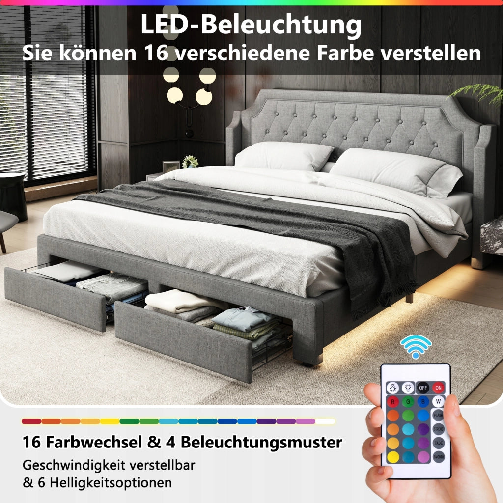 Letto matrimoniale 180x200 - Xylo - LED, 2 cassetti, lino, grigio