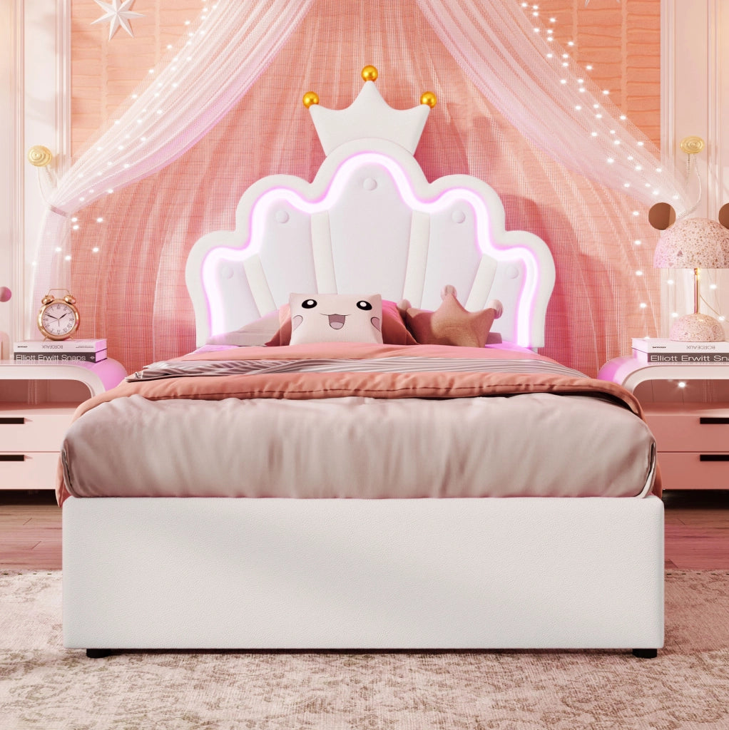 Letto per bambini 90x200 cm con 2 cassetti; LED; testiera regolabile; PU bianco