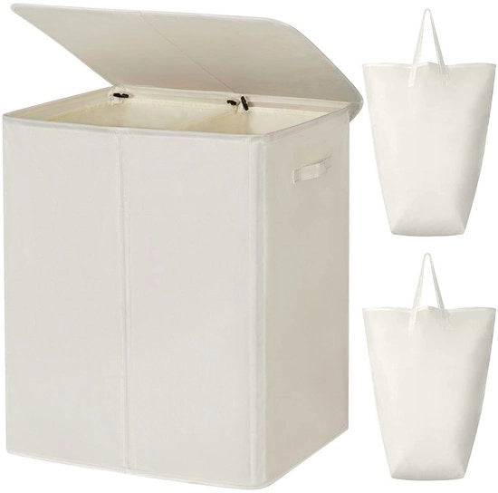 Lavatrice a cassetto 154L con coperchio, lavatrice a cassetto a due compartimenti con coperchio e 2 sacchi di lavaggio, classificatore di bucato grande XXXL per camera da letto, zona lavanderia, armadio, bagno, università (beige)